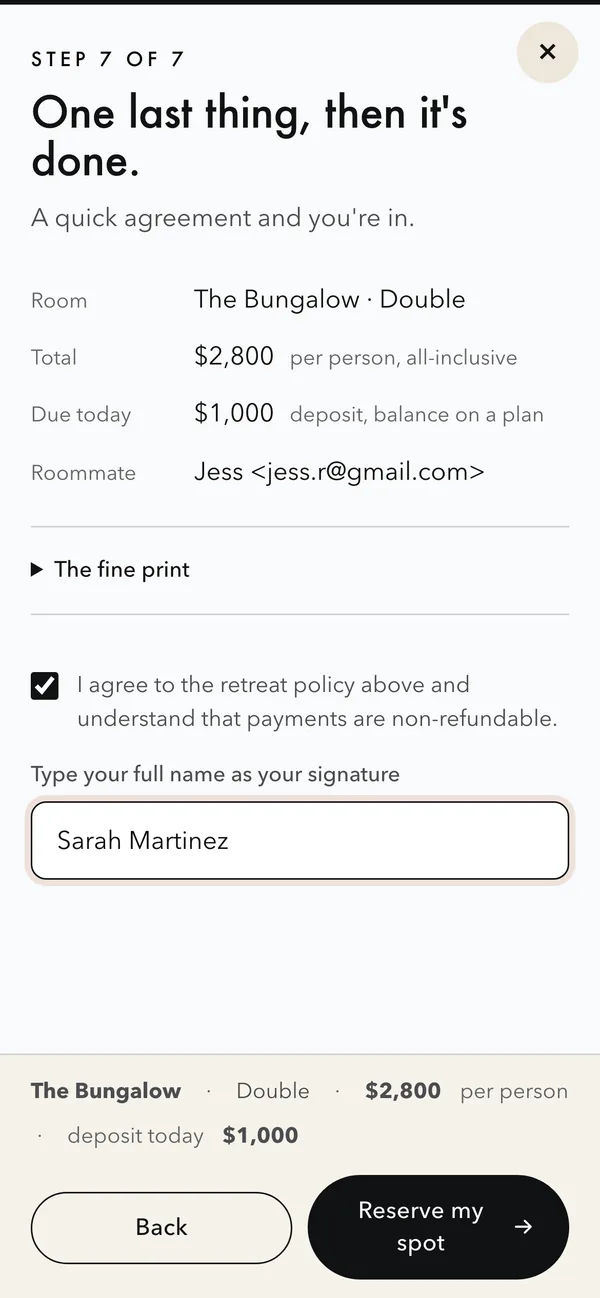 Final step, booking summary with signed agreement