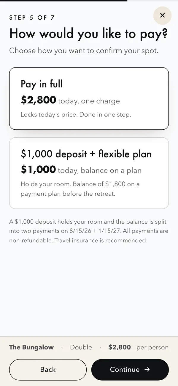 Payment step, pay in full or a deposit plus a flexible plan