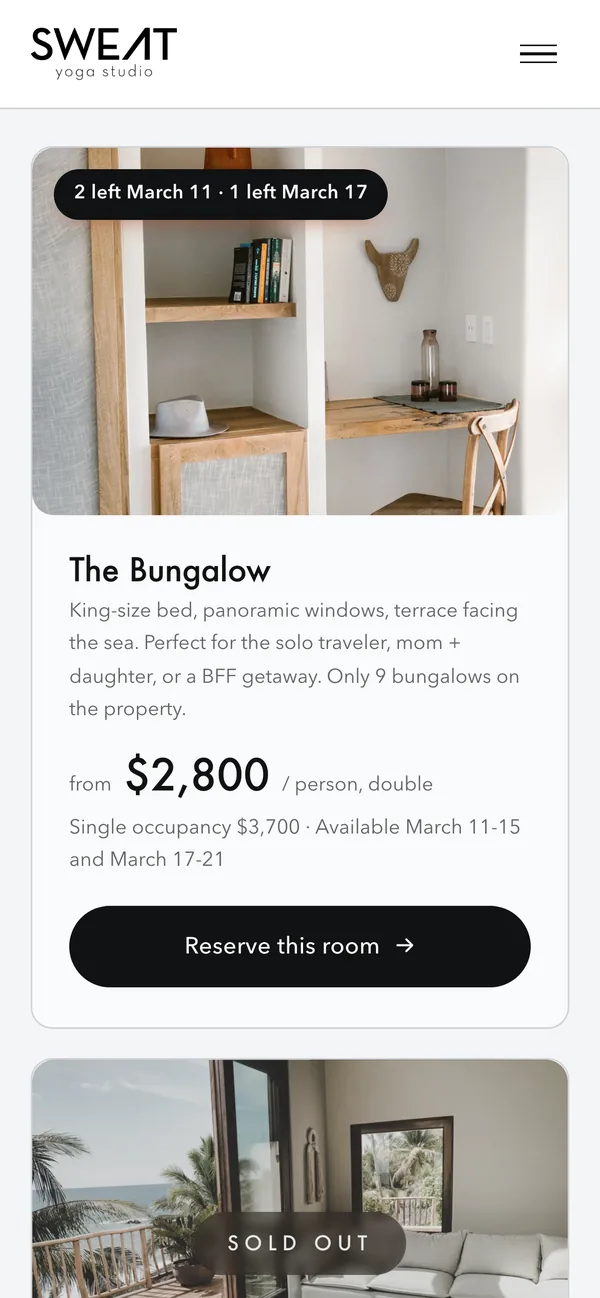 Room card showing 2 left and a sold out room below