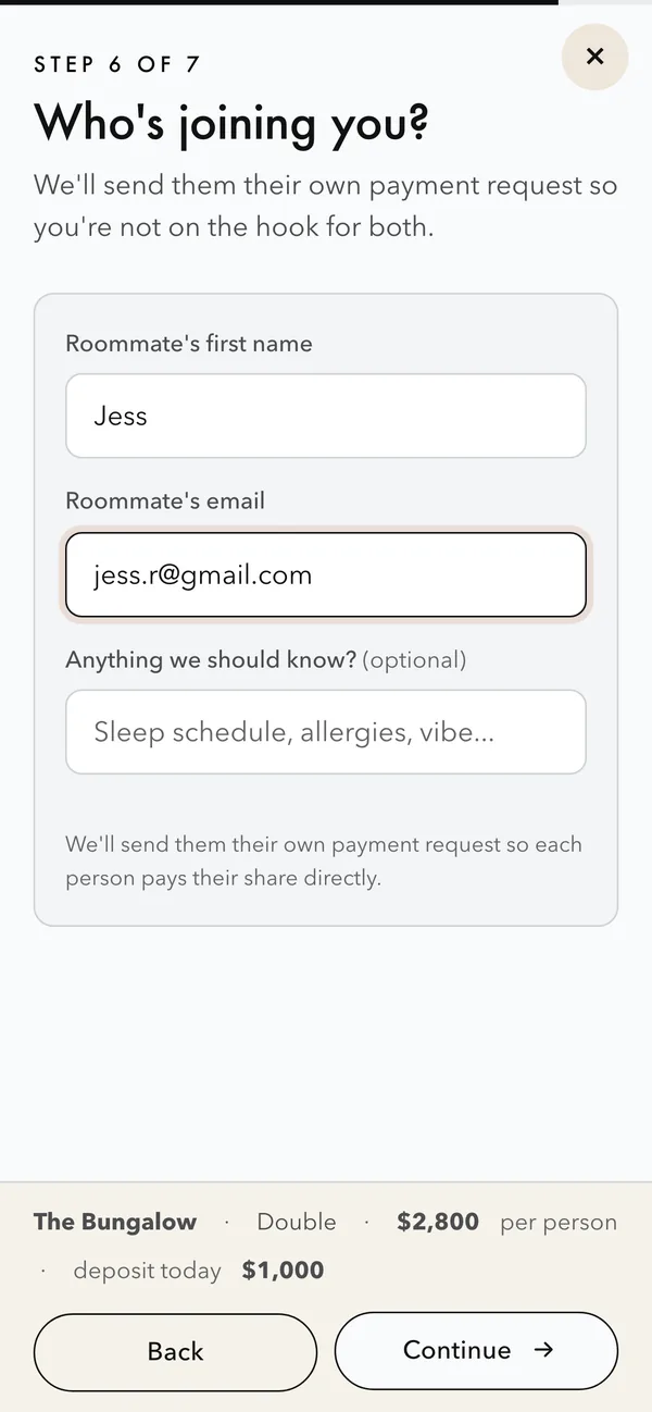 Roommate step, add who is joining you